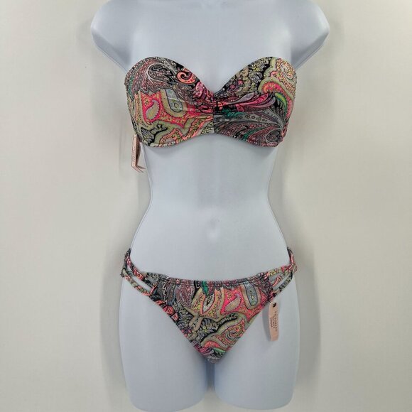 NWT VS 32D/S Paisley Bikini Set Bandeau Strappy Cheeky Swimsuit Multi-Color - Picture 1 of 16